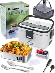 Electric Lunch Box 80W Food Heater 1.8L Large Capacity Heated Lunch Box 3 in 1 12V/24V/110-230V Portable Lunch Warmer for Car/Truck/Home/Office with Carry Bag and Fork and Spoon (Gray)