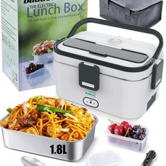 Electric Lunch Box 80W Food Heater 1.8L Large Capacity Heated Lunch Box 3 in 1 12V/24V/110-230V Portable Lunch Warmer for Car/Truck/Home/Office with Carry Bag and Fork and Spoon (Gray)