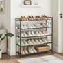 NEW SALE | 5-Tier Shoe Rack, Metal Shoe Shelf, Oxford Fabric Shelves, for 20-25 Pairs of Shoes, 29 x 89 x 92.5 cm, 4 Hooks, Open Shoe Cabinet for Hallway Bedroom, Rustic Brown and Black Image 2