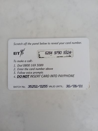 call card 50p complimentary