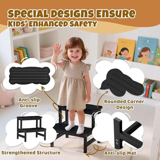 Kids Step Stool for Bathroom  Wodden Two Step Stools 300 lbs Capacity with Safety Non-Slip Pads - Cute Toddler Step Stool for Toilet Bathroom Sink (Black)