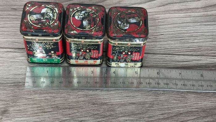 oriental asian vintage X3 empty tea tin set container collectables