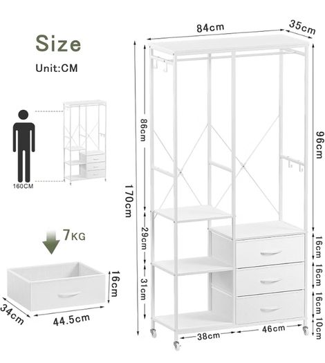 Wardrobe with 3 Drawers White  easy assembly Wood Top Steel Frame Ultimate Storage sturdy Multifunctional System
