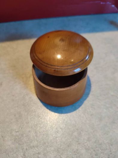 Antique Treen Pot Small Antique Treen Pot.Screw-on mushroom shaped lid.Polished light colored wood, possibly yew or sycamore.