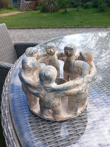 Mexican v heavy stone candle holder, circle of friends, D18