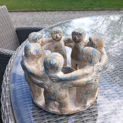 Mexican v heavy stone candle holder, circle of friends, D18