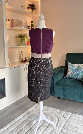 Ladies Sleeveless Pencil Dress Purple Bodice, with Black Floral Lace Skirt from Little Mistress