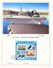 1984 Isle of Man Limited Edition Lithographed Print measuring 333mm X 257mm showing Links with the Falkland Islands Commemorative Stamp Miniature Sheet with First Day of Issue Cancel
