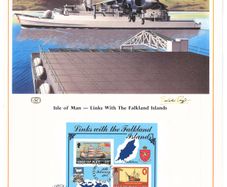 1984 Isle of Man Limited Edition Lithographed Print measuring 333mm X 257mm showing Links with the Falkland Islands Commemorative Stamp Miniature Sheet with First Day of Issue Cancel
