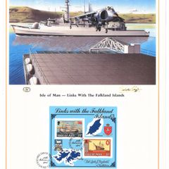 1984 Isle of Man Limited Edition Lithographed Print measuring 333mm X 257mm showing Links with the Falkland Islands Commemorative Stamp Miniature Sheet with First Day of Issue Cancel