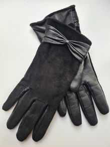 Black Leather & Suede Gloves with Bow Detail | Elegant Winter Accessories