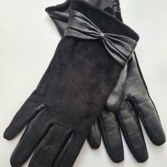 Black Leather & Suede Gloves with Bow Detail | Elegant Winter Accessories