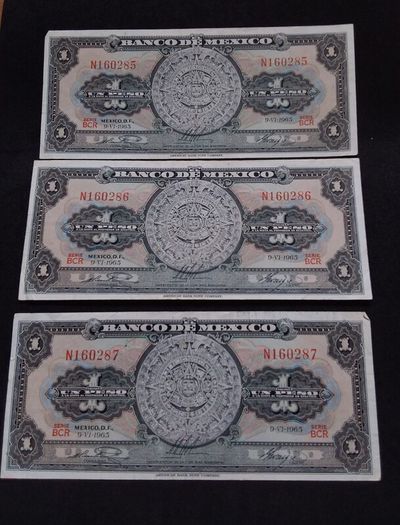Banco De Mexico : (3) 1 Peso 1965 Banknotes - Consecutive Numbers