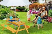Children's Outdoor Furniture, Garden Picnic Table with Parasol &amp; Benches, Sand &amp; Water Play, 165x128cm, Brown