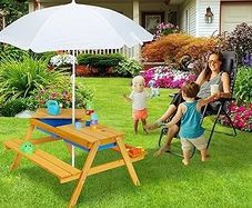 Children's Outdoor Furniture, Garden Picnic Table with Parasol & Benches, Sand & Water Play, 165x128cm, Brown