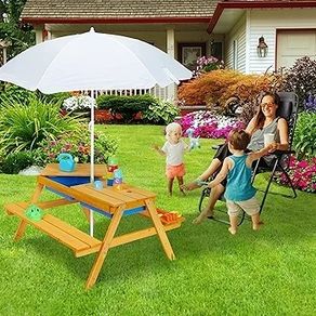 Children's Outdoor Furniture, Garden Picnic Table with Parasol & Benches, Sand & Water Play, 165x128cm, Brown