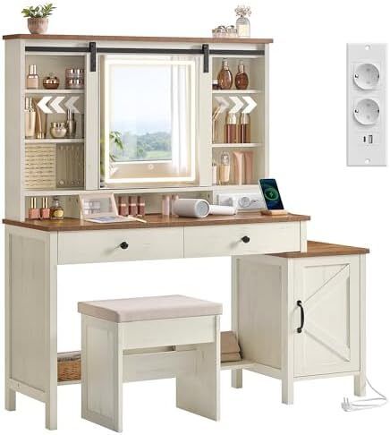 Vintage Dressing Table with Mirror and Lighting with Stool 2 Drawers, Jewellery Storage