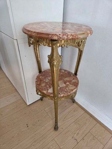 Vintage French Brass & Pink Marble 2-Tier Side Table Plant Stand