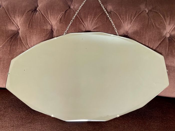 Petite Oval Bevelled Early 20th Century Frameless Mirror with Original Chain