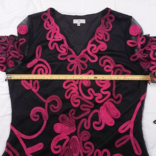 Country Casuals CC Black Sheer Mesh Fuchsia Pink Soutache Ribbon Embroidered V-Neck Midi Dress 16UK/44EU
