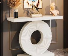 Modern White Console Table with Circular Base  Elegant Entryway Accent