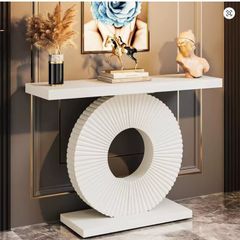 Modern White Console Table with Circular Base  Elegant Entryway Accent