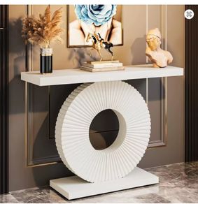 Modern White Console Table with Circular Base  Elegant Entryway Accent