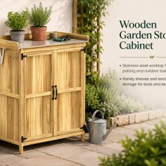 Wooden Garden Storage Cabinet with Stainless Steel Worktop and Shelves