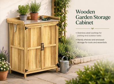 Wooden Garden Storage Cabinet with Stainless Steel Worktop and Shelves