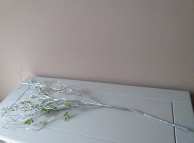 Silver Glitter Branch with Green Leaves