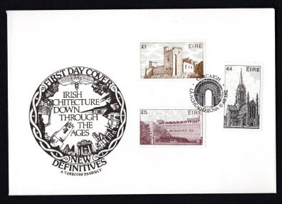 1982 Ireland Architecture Definitive (Third) Series (44p Killarney Cathedral, Co. Kerry, IR1 Cahir Castle, Cahir Co. Tipperary & IR5 Central Bus Station, Dublin) Cork Coin First Day Cover (FDC) with Cork Cancel