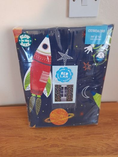 Bedlam Supersonic Rockets Blue Glow in the Dark Curtains 66" x 72" New
