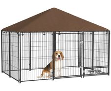 Outdoor Dog Kennel Puppy Play Pen with Canopy Garden Playpen Fence Crate Enclosure Cage Rotating Bowl 211 x 141 x 151 cm