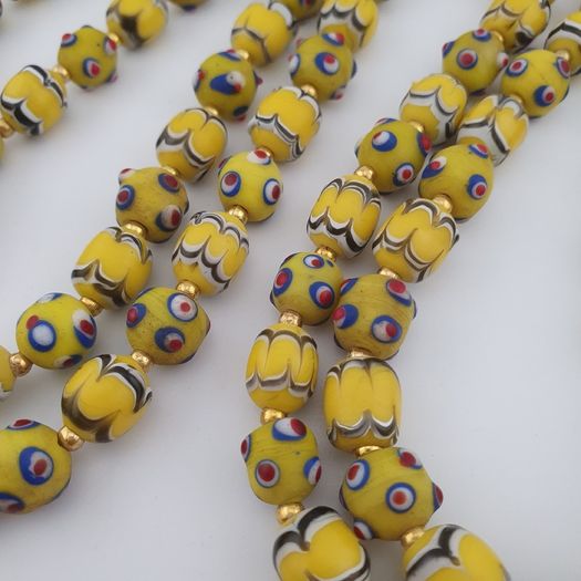 Antique Venetian Style Yellow Skunk & Trade Glass Beads Necklace