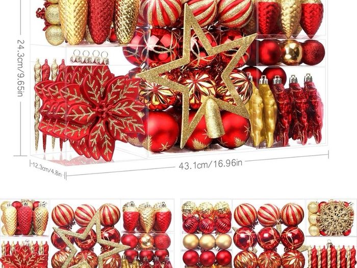106pcs Christmas Baubles Ornaments for Christmas Tree Decorations Shatterproof Plastic Decorative Baubles Set for Festival/Holiday/Wedding Party Decoration with Hooks Included,Red & Gold