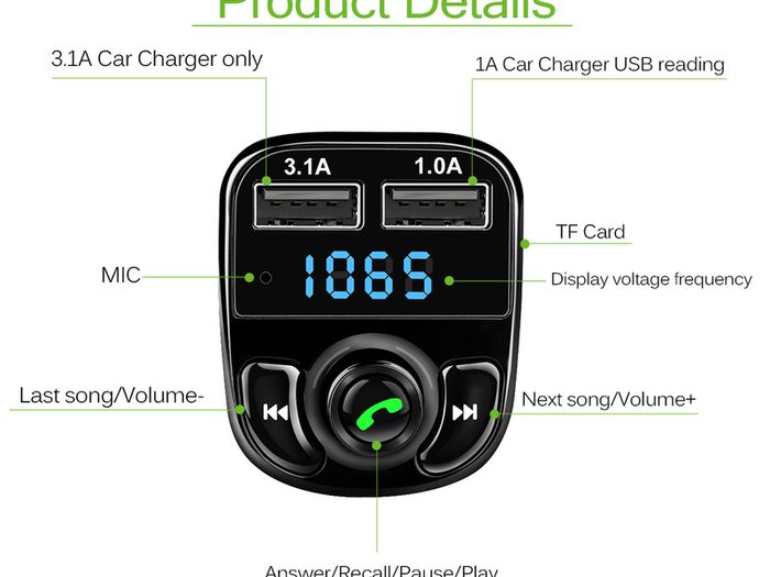 FM Transmitter Aux Modulator Bluetooth Handsfree Car Kit Car Audio MP3 Player with 3.1A Quick Charge Dual USB Car Charger iPhone iPad Tablet