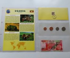 Uganda Banknote + Coins + Stamp collector set vintage currency