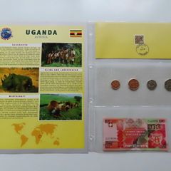 Uganda Banknote + Coins + Stamp collector set vintage currency
