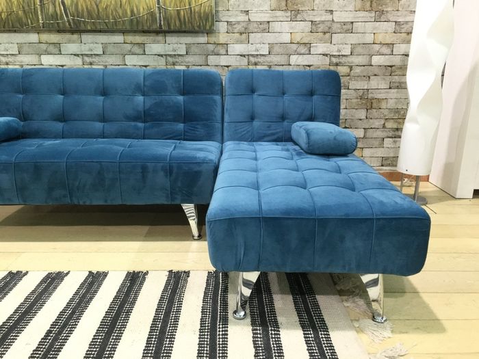 Blue L Shaped Sofa Bed, Converts to Sleeper