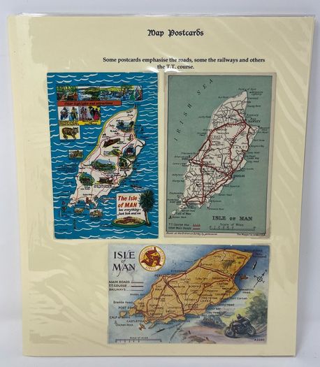 24 Beautifully written up Isle of Man display pages with lots of postcards and stamps. Maps, IOM TT and Manx cat noted