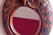 mid century hand carved hardwood owl mirror