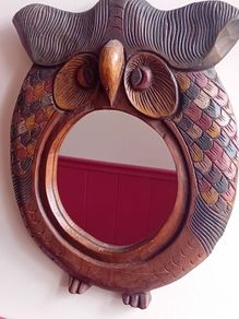 mid century hand carved hardwood owl mirror