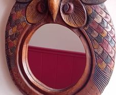 mid century hand carved hardwood owl mirror