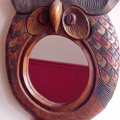 mid century hand carved hardwood owl mirror