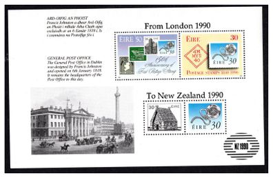 1990 Ireland New Zealand Overprint on Pane extracted from Penny Black Booklet (type 2) Mint Never Hinged (MNH). Note example perforations are not aligned