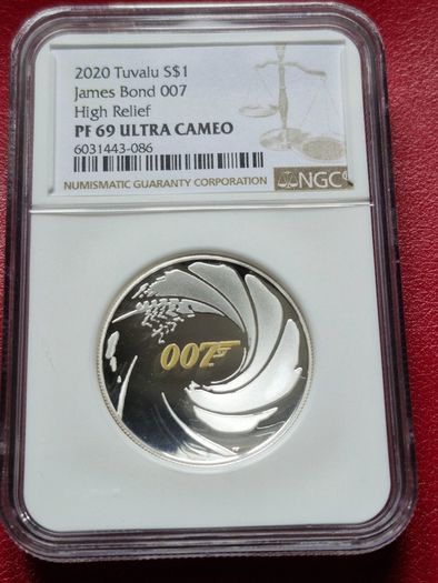 PF 69 Ultra Cameo 2020 Tuvalu James Bond 007 High Relief 1oz Silver Proof Low Mintage Coin