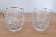 2 vintage etched glasses with gilt rims
