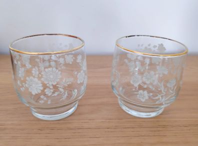 2 vintage etched glasses with gilt rims