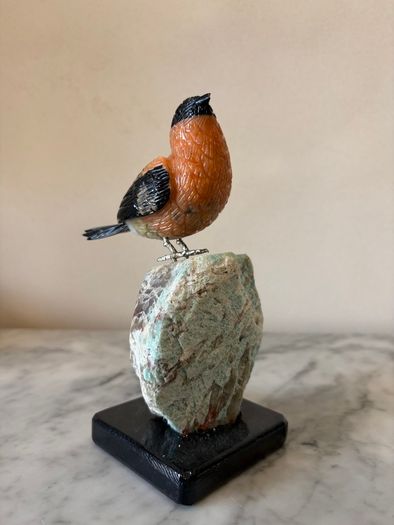 Hand-Carved Gemstone Bullfinch on Raw Amazonite Base