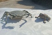 Midcentury Italian Crab and Frog Brass Ashtrays